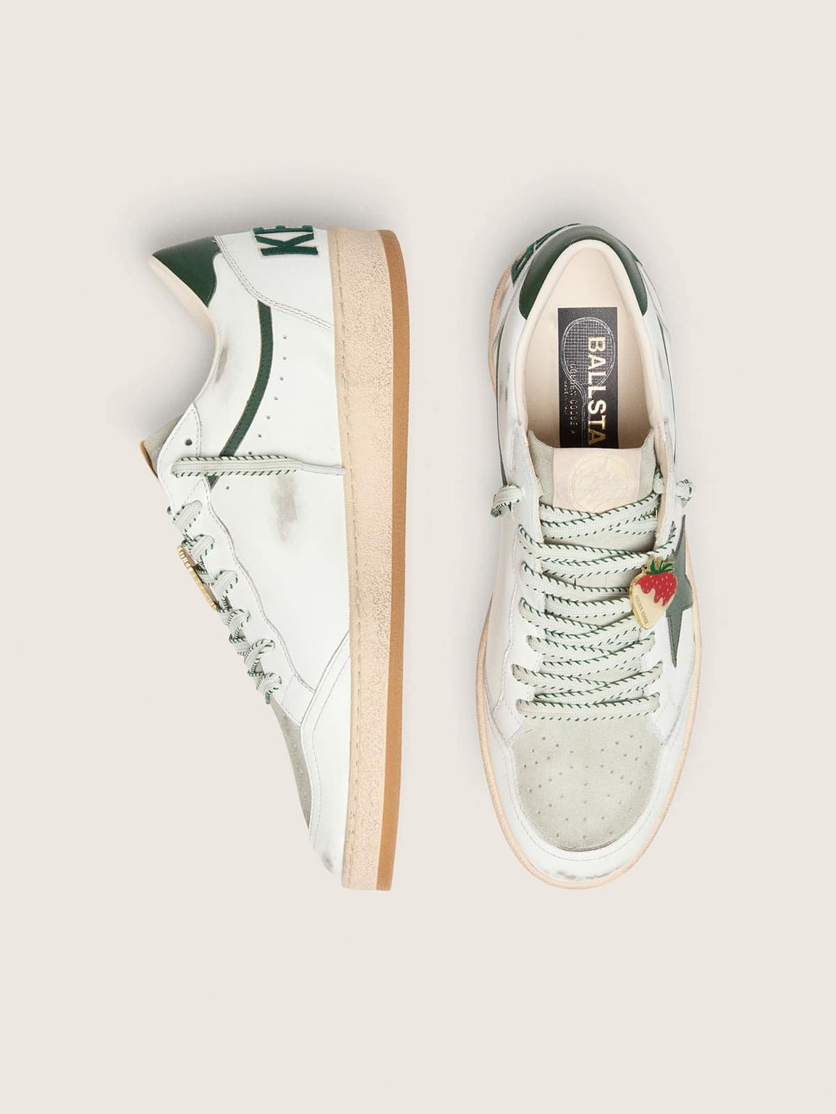 Golden Goose Womens Ball Star Ltd In White Leather With Green Star And Skins Womens