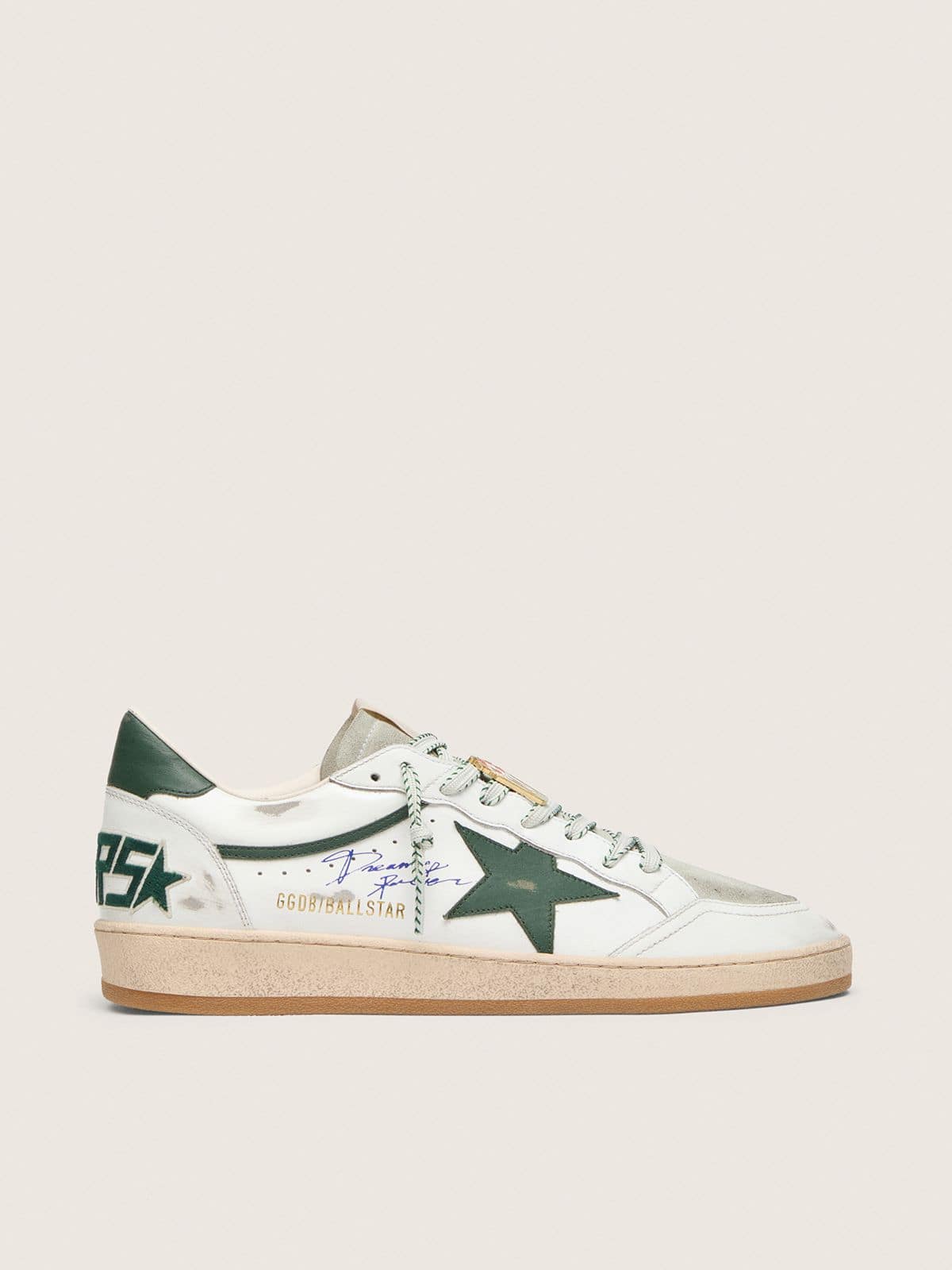 Golden Goose Womens Ball Star Ltd In White Leather With Green Star And Skins Womens