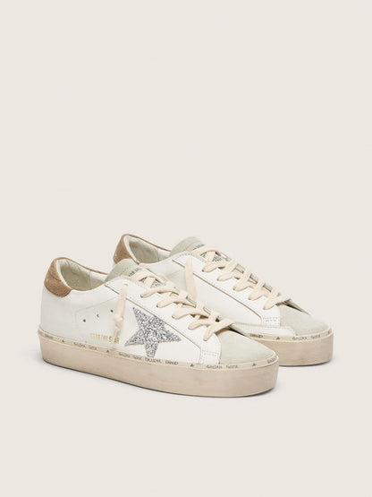Golden Goose Womens Hi Star With Silver Glitter Star And Dove-Gray Nubuck Heel Tab Womens