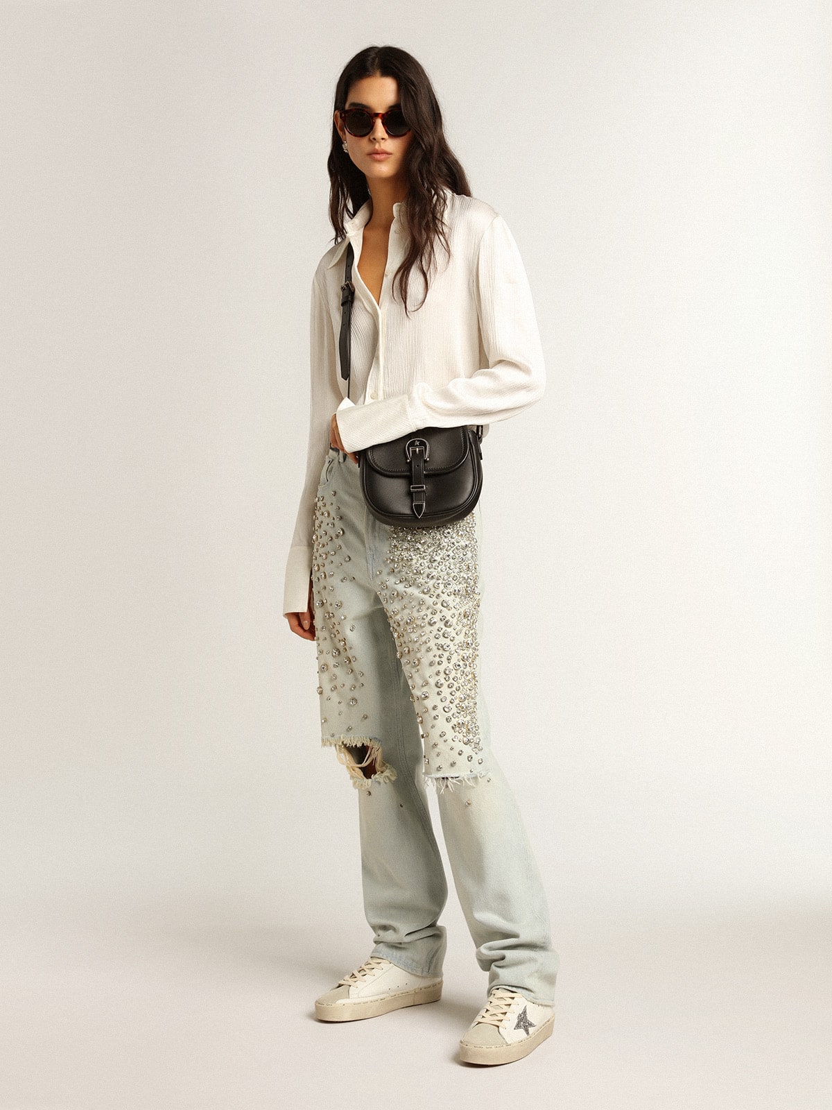 Golden Goose Womens Hi Star With Silver Glitter Star And Dove-Gray Nubuck Heel Tab Womens