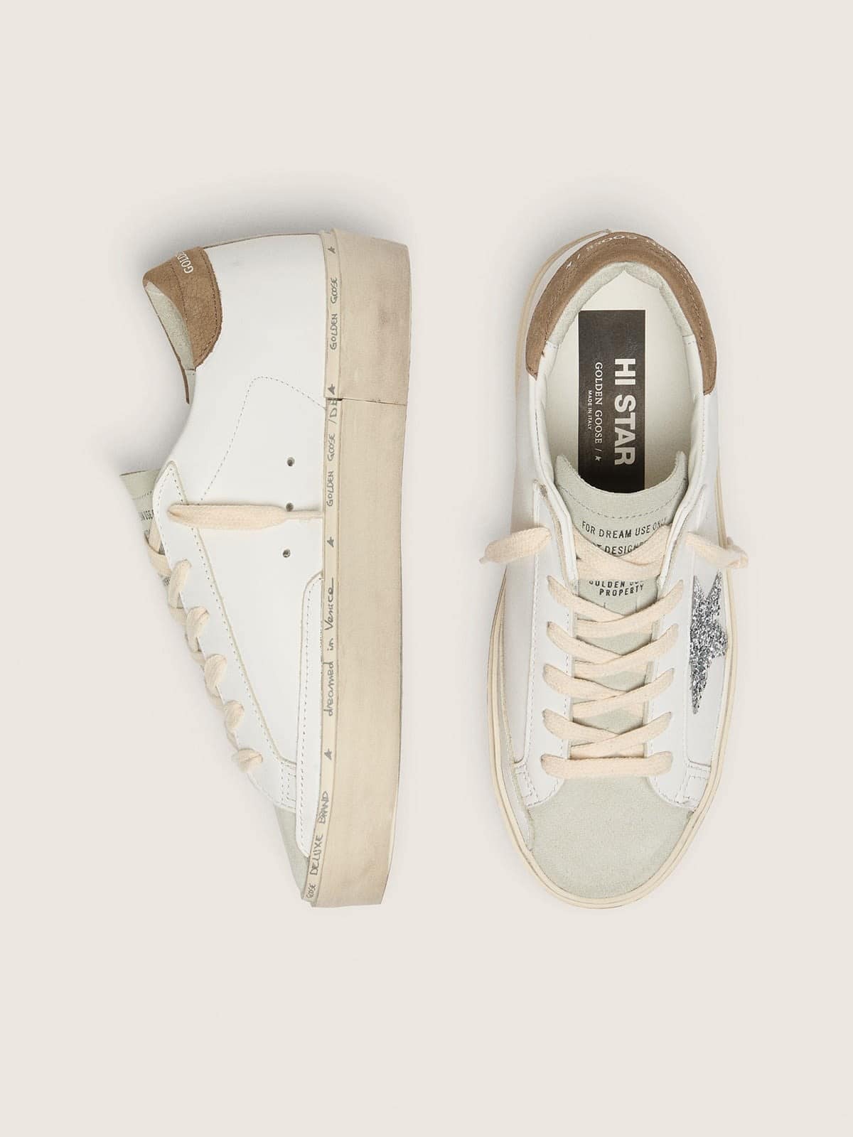 Golden Goose Womens Hi Star With Silver Glitter Star And Dove-Gray Nubuck Heel Tab Womens
