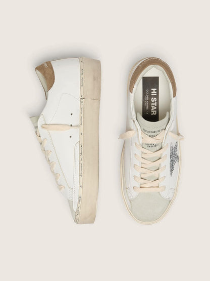 Golden Goose Womens Hi Star With Silver Glitter Star And Dove-Gray Nubuck Heel Tab Womens
