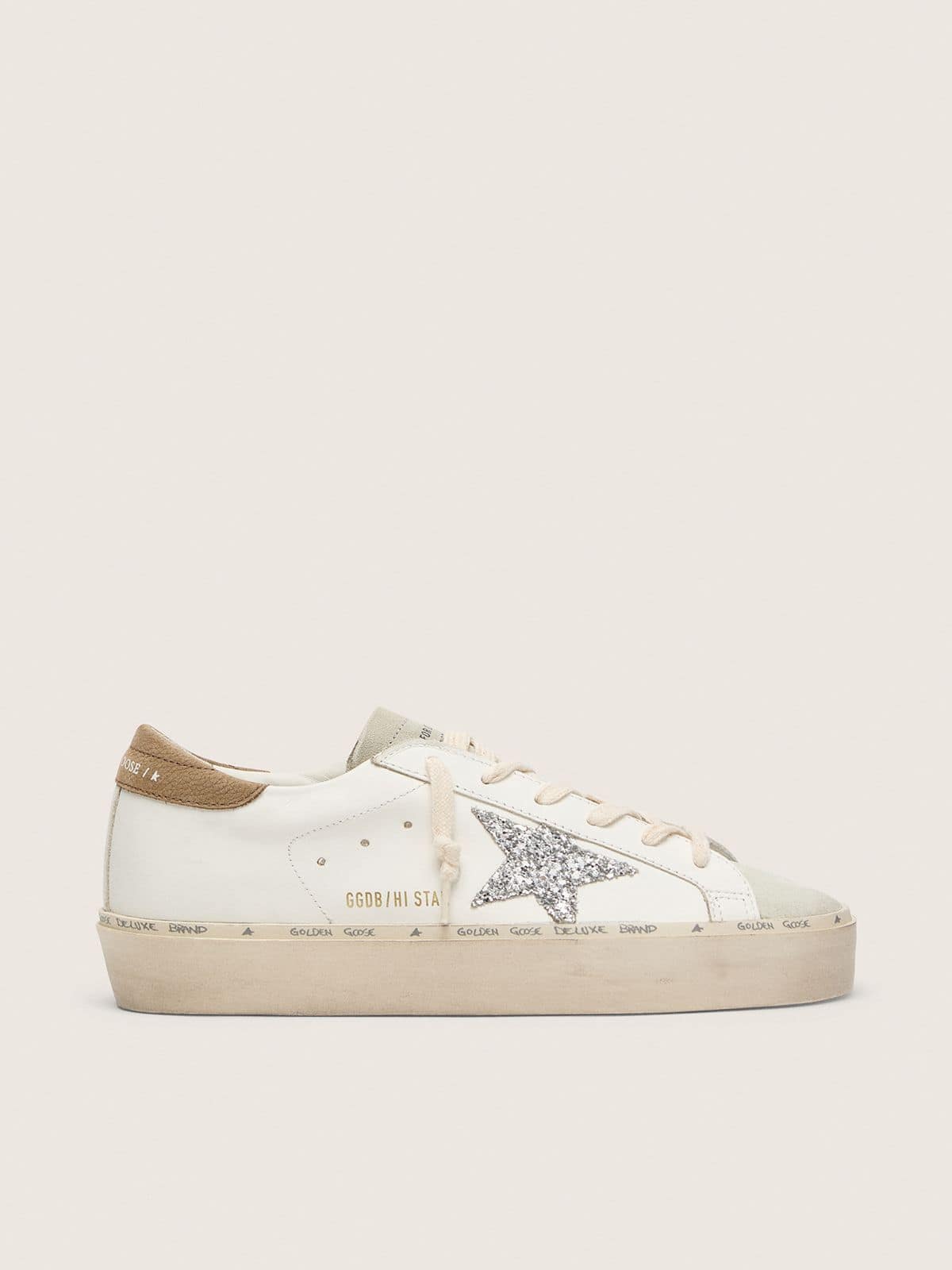Golden Goose Womens Hi Star With Silver Glitter Star And Dove-Gray Nubuck Heel Tab Womens