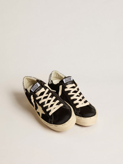 Golden Goose Womens Hi Star In Black Leather With Silver Glitter Heel Tab Womens