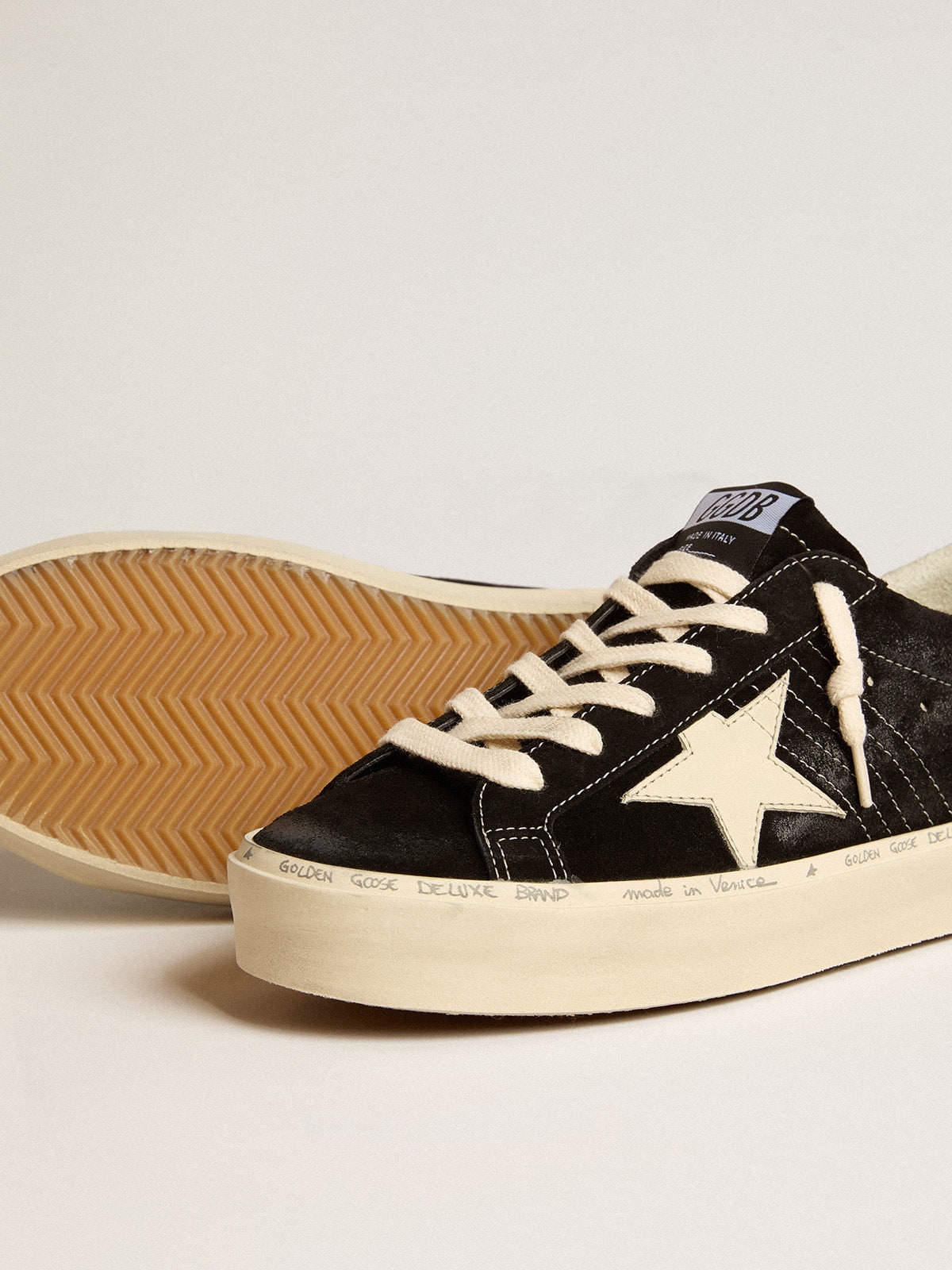 Golden Goose Womens Hi Star In Black Leather With Silver Glitter Heel Tab Womens