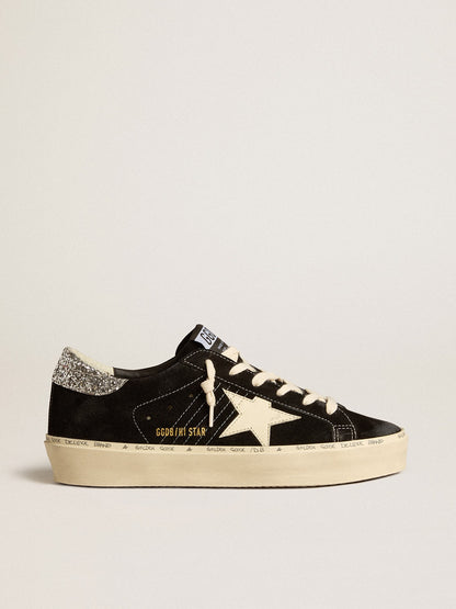 Golden Goose Womens Hi Star In Black Leather With Silver Glitter Heel Tab Womens