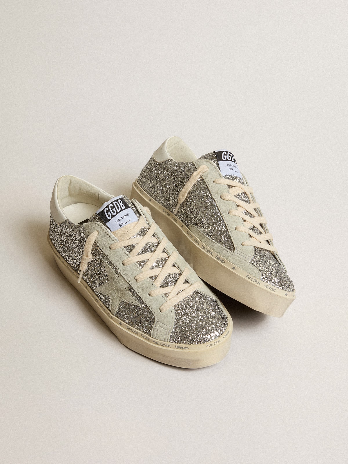 Golden Goose Womens Hi Star In Silver Glitter With Suede Star And White Heel Tab Womens