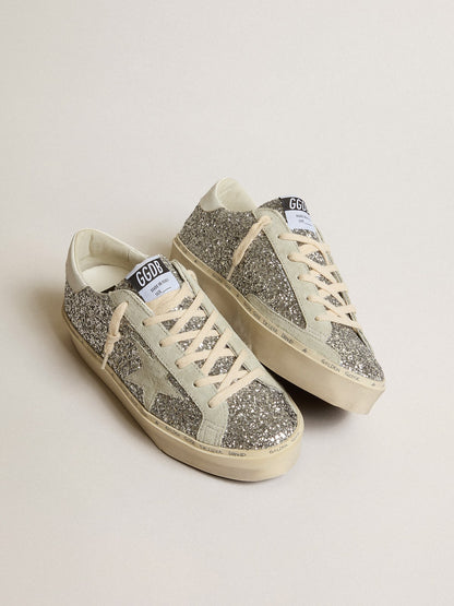 Golden Goose Womens Hi Star In Silver Glitter With Suede Star And White Heel Tab Womens
