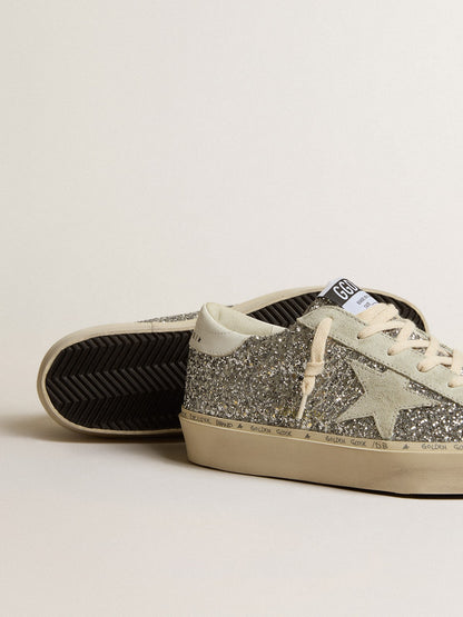Golden Goose Womens Hi Star In Silver Glitter With Suede Star And White Heel Tab Womens