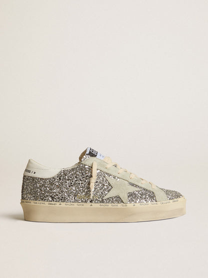 Golden Goose Womens Hi Star In Silver Glitter With Suede Star And White Heel Tab Womens