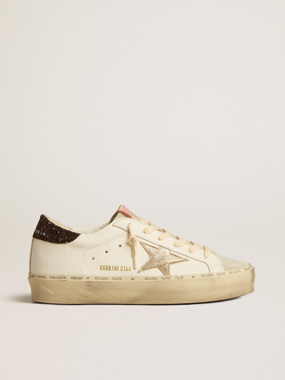 Golden Goose Hi Star With Platinum Metallic Leather Star And Glitter Heel Tab Womens