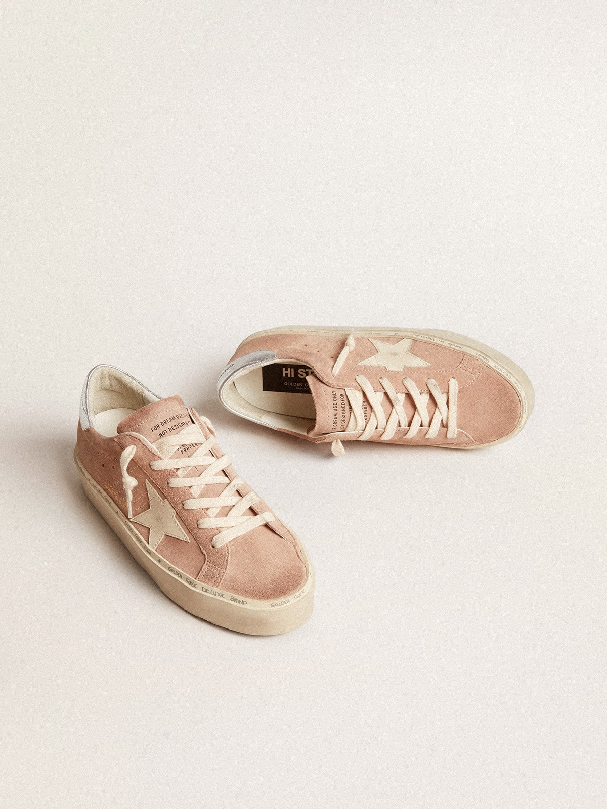 Golden Goose Womens Hi Star In Pink Suede With Cream Star And Silver Leather Heel Tab Womens