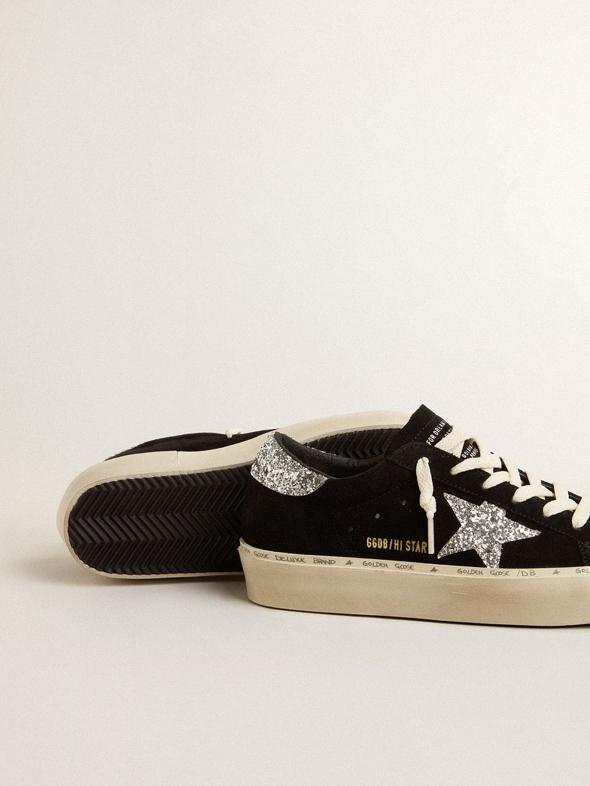 Golden Goose Womens Hi Star In Black Suede With Silver Glitter Star Womens