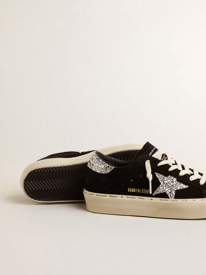 Golden Goose Womens Hi Star In Black Suede With Silver Glitter Star Womens
