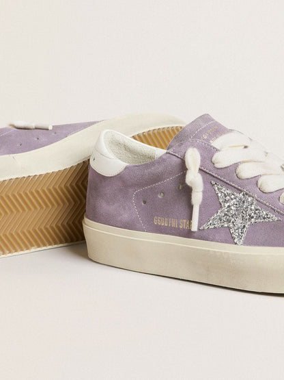Golden Goose Womens Hi Star In Purple Suede With Silver Glitter Star Womens