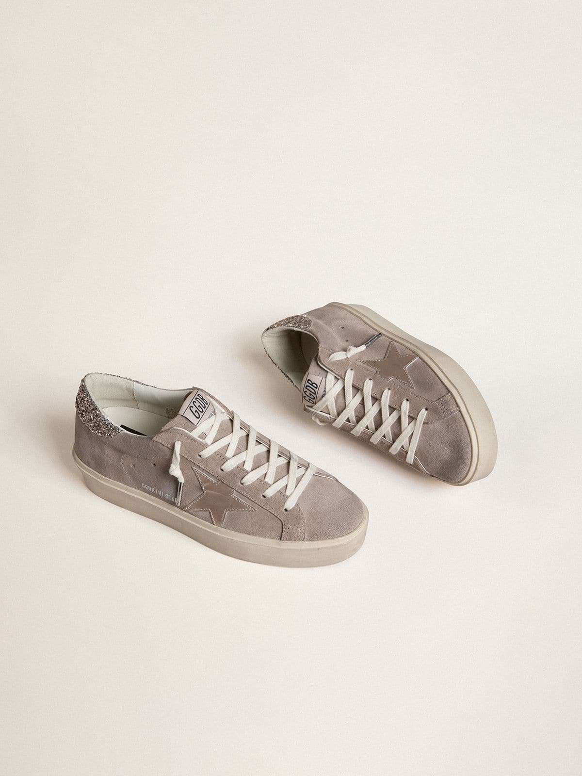 Golden Goose Womens Hi Star Sneakers In Beige Suede With Laminated Leather Star And Glitter Heel Tab Womens