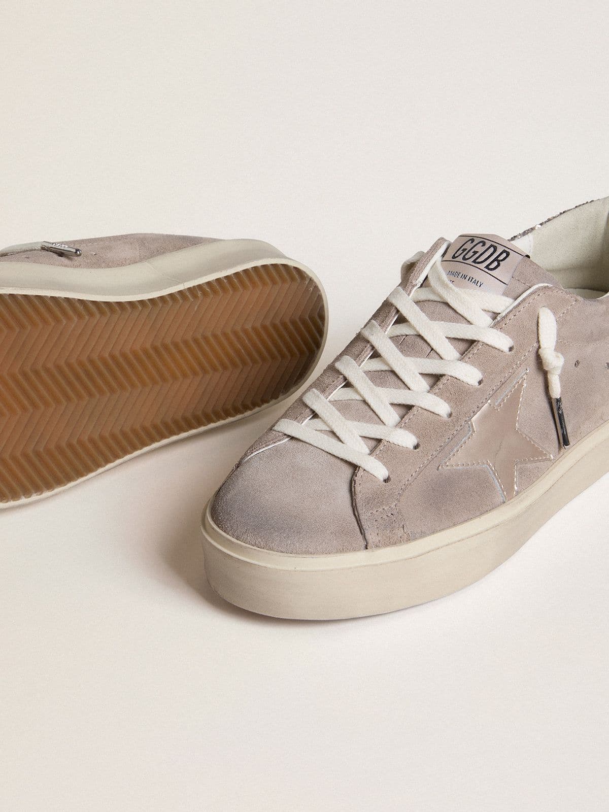 Golden Goose Womens Hi Star Sneakers In Beige Suede With Laminated Leather Star And Glitter Heel Tab Womens