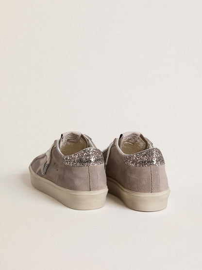 Golden Goose Womens Hi Star Sneakers In Beige Suede With Laminated Leather Star And Glitter Heel Tab Womens