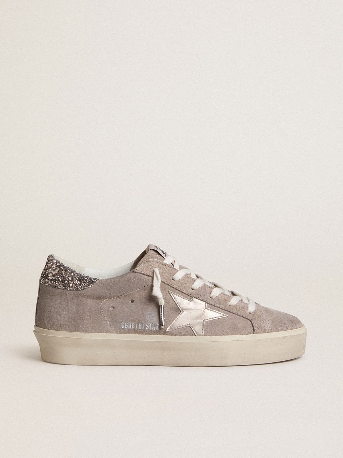 Golden Goose Womens Hi Star Sneakers In Beige Suede With Laminated Leather Star And Glitter Heel Tab Womens