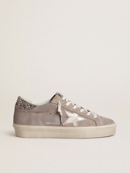 Golden Goose Womens Hi Star Sneakers In Beige Suede With Laminated Leather Star And Glitter Heel Tab Womens