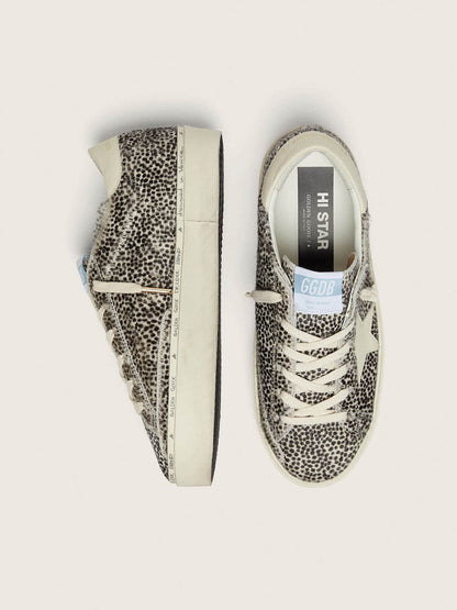 Golden Goose Womens Hi Star In Black And White Pony Skin With White Leather Star Womens