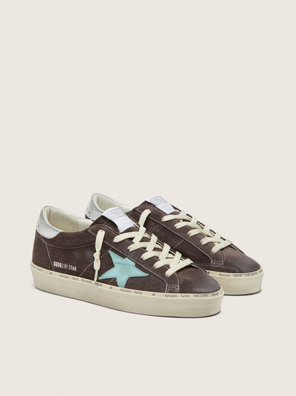 Golden Goose Womens Hi Star In Dark Gray Suede With Aqua-Green Star Womens