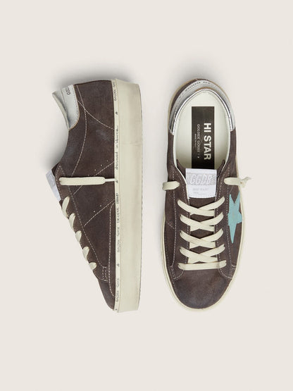 Golden Goose Womens Hi Star In Dark Gray Suede With Aqua-Green Star Womens