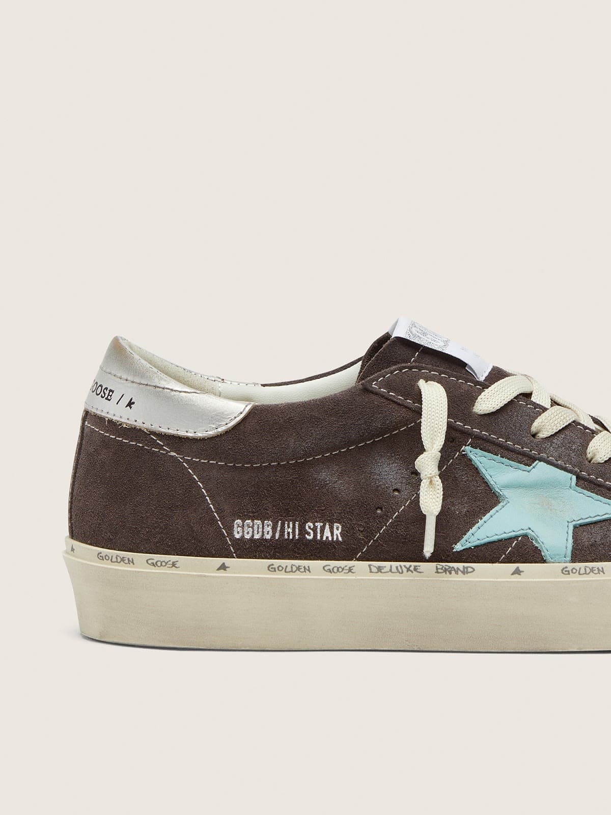 Golden Goose Womens Hi Star In Dark Gray Suede With Aqua-Green Star Womens