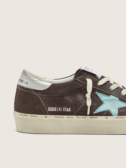 Golden Goose Womens Hi Star In Dark Gray Suede With Aqua-Green Star Womens