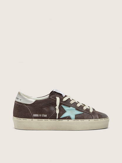 Golden Goose Womens Hi Star In Dark Gray Suede With Aqua-Green Star Womens