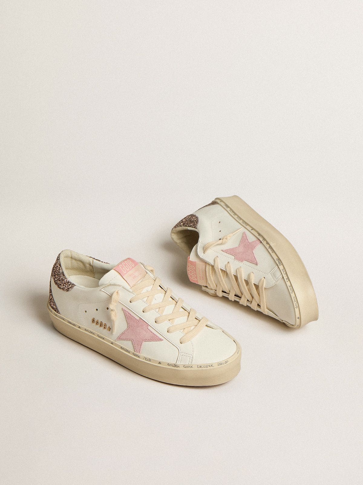 Golden Goose Hi Star In White Leather With Pink Suede Star And Pink Glitter Heel Tab Womens