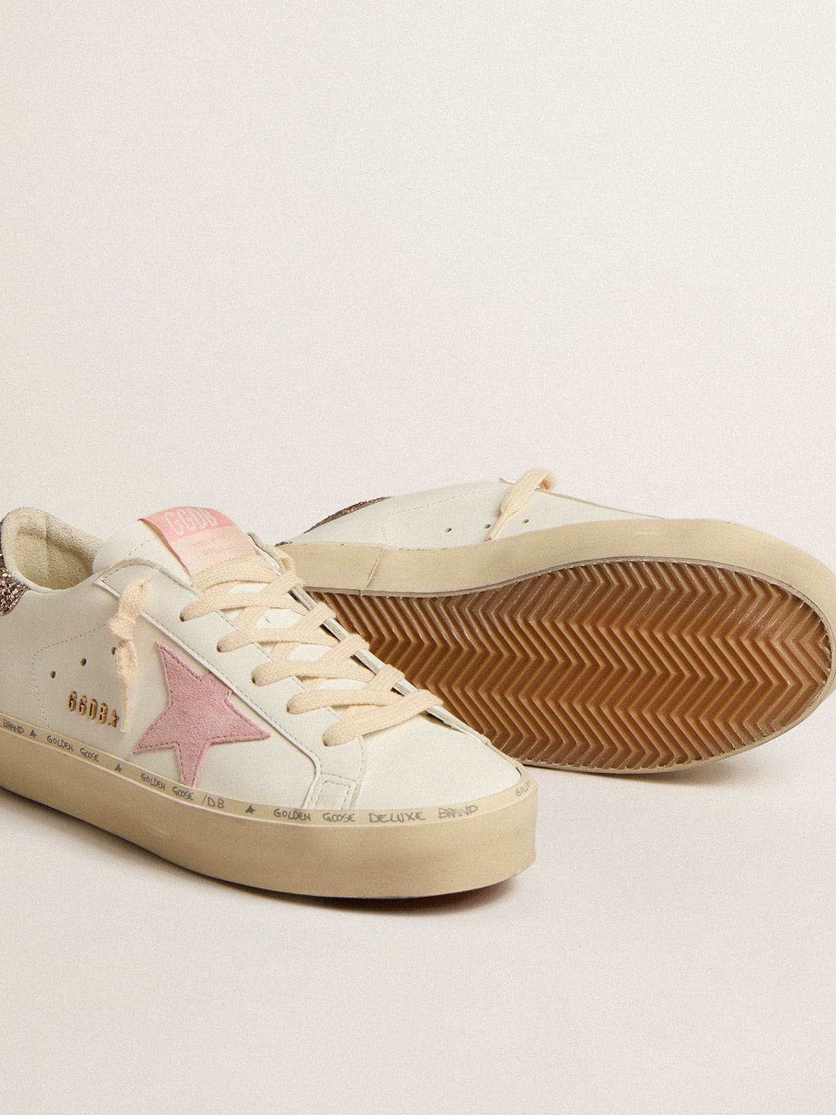 Golden Goose Hi Star In White Leather With Pink Suede Star And Pink Glitter Heel Tab Womens
