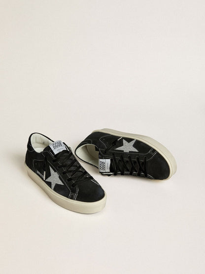 Golden Goose Womens Hi Star In Black Suede With Silver Swarovski Crystal Star Womens