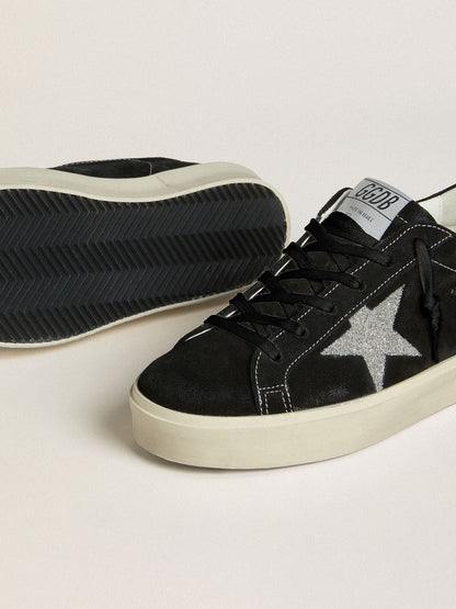 Golden Goose Womens Hi Star In Black Suede With Silver Swarovski Crystal Star Womens