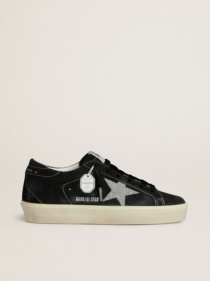 Golden Goose Womens Hi Star In Black Suede With Silver Swarovski Crystal Star Womens