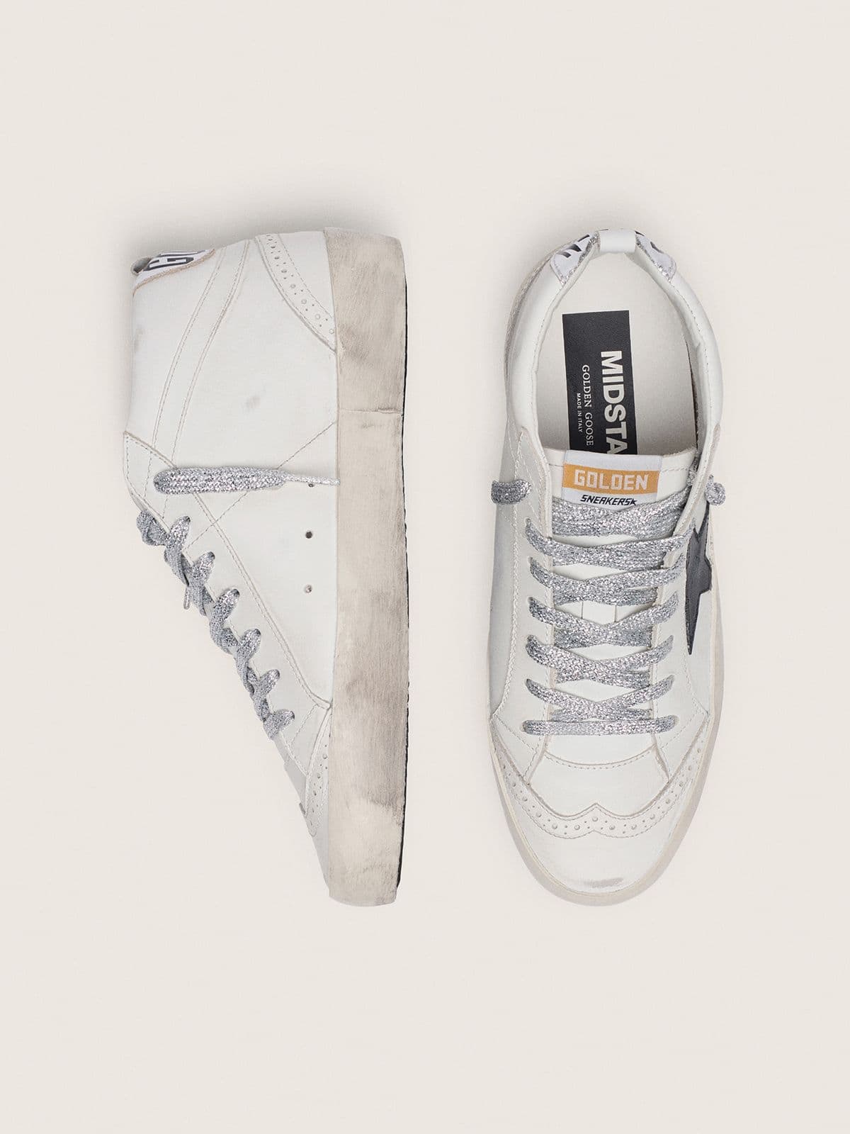 Golden Goose Womens Mid Star With Laminated Heel Tab And Glitter Laces Womens