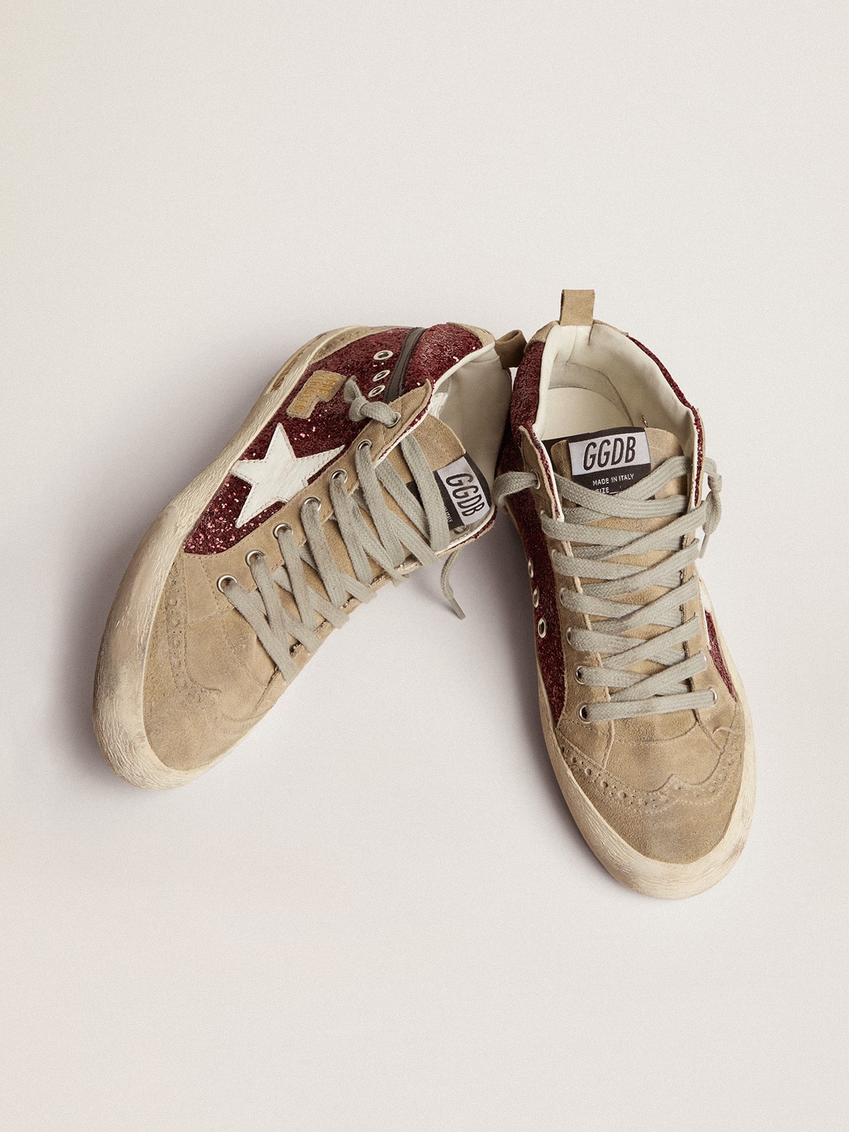 Golden Goose Womens Mid Star In Burgundy Glitter With Gray Inserts And White Star Womens