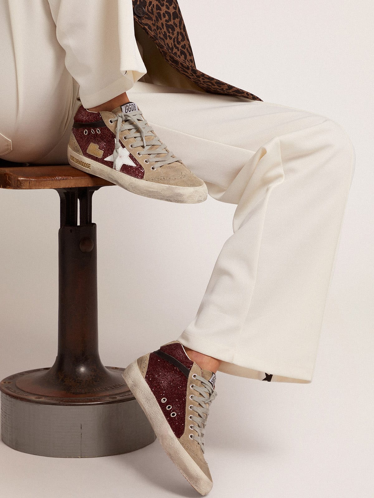 Golden Goose Womens Mid Star In Burgundy Glitter With Gray Inserts And White Star Womens