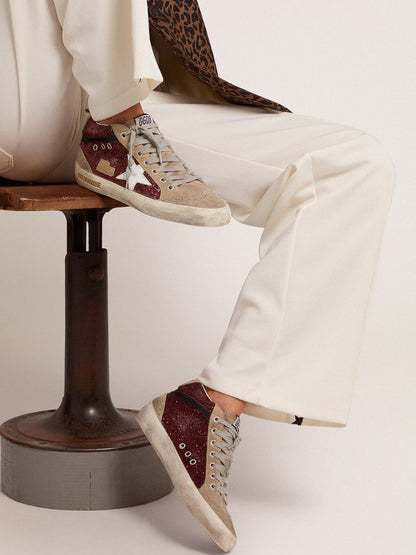 Golden Goose Womens Mid Star In Burgundy Glitter With Gray Inserts And White Star Womens