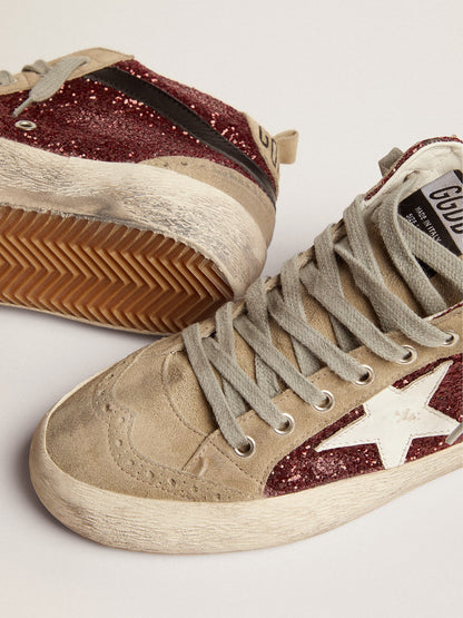 Golden Goose Womens Mid Star In Burgundy Glitter With Gray Inserts And White Star Womens