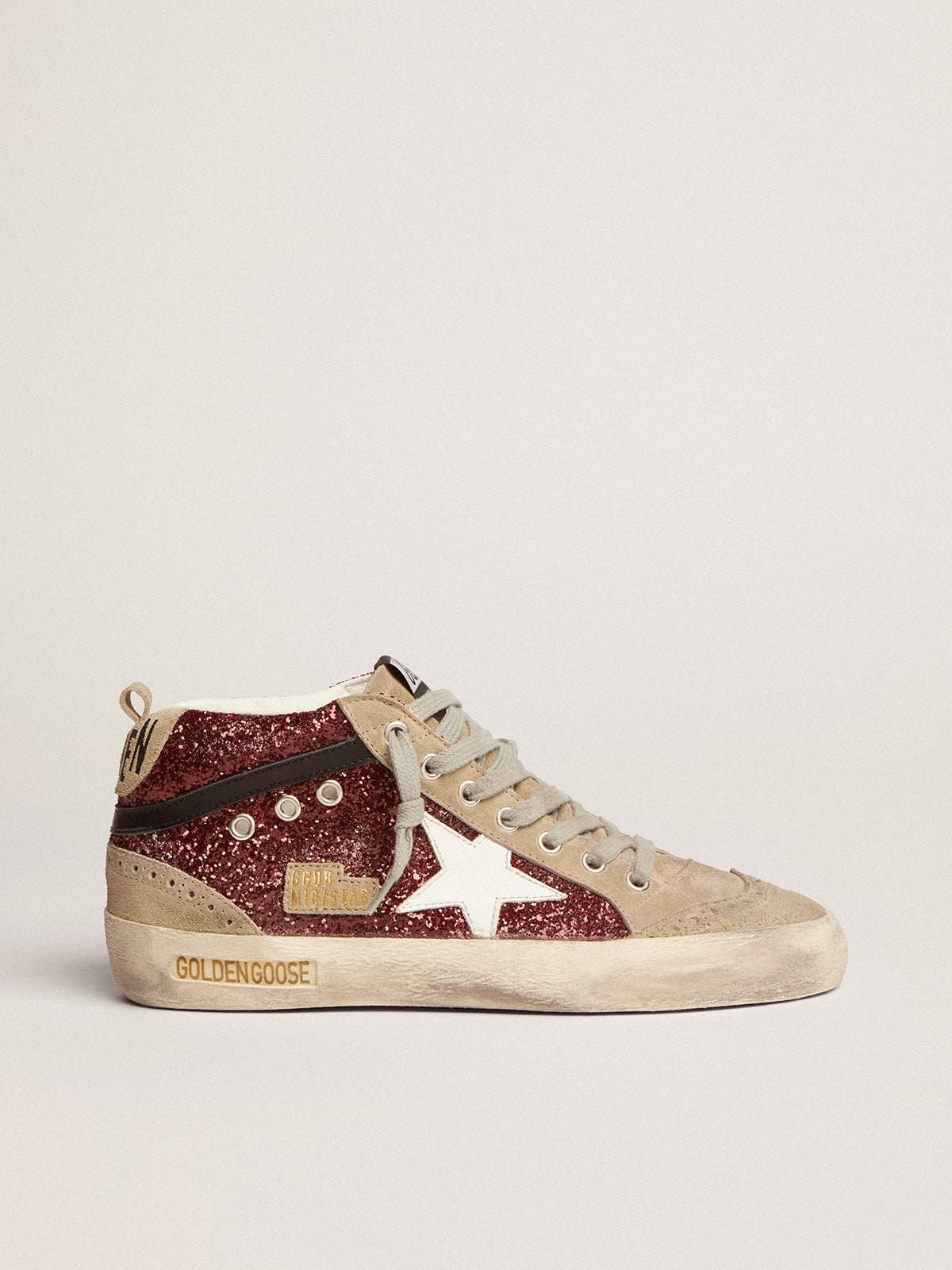 Golden Goose Womens Mid Star In Burgundy Glitter With Gray Inserts And White Star Womens