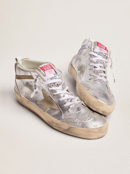 Golden Goose Womens Mid Star In Silver Laminated Leather With Dove Gray Star Womens