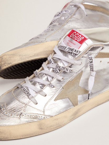 Golden Goose Womens Mid Star In Silver Laminated Leather With Dove Gray Star Womens