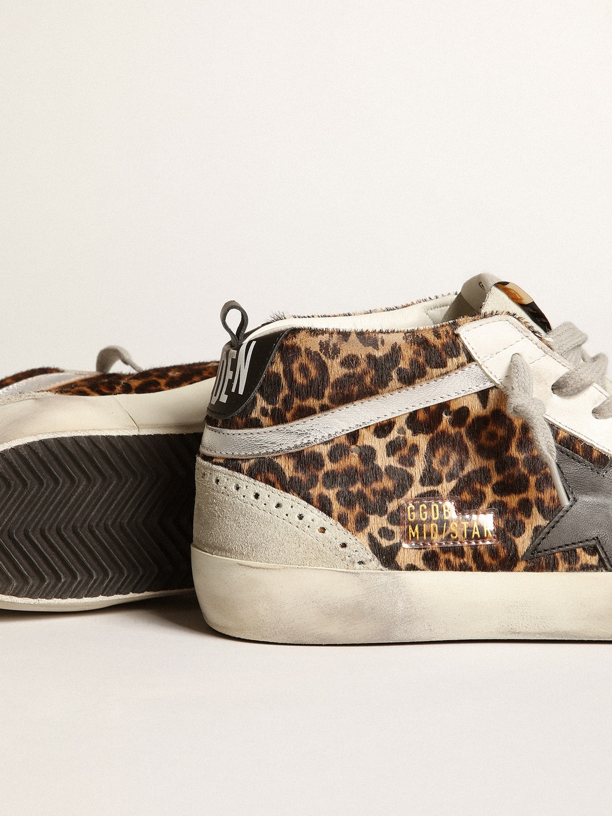 Golden Goose Womens Mid Star In Leopard Print Pony Skin With Black Star Womens