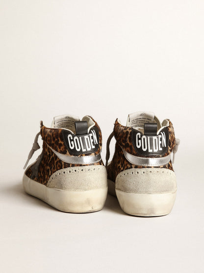 Golden Goose Womens Mid Star In Leopard Print Pony Skin With Black Star Womens
