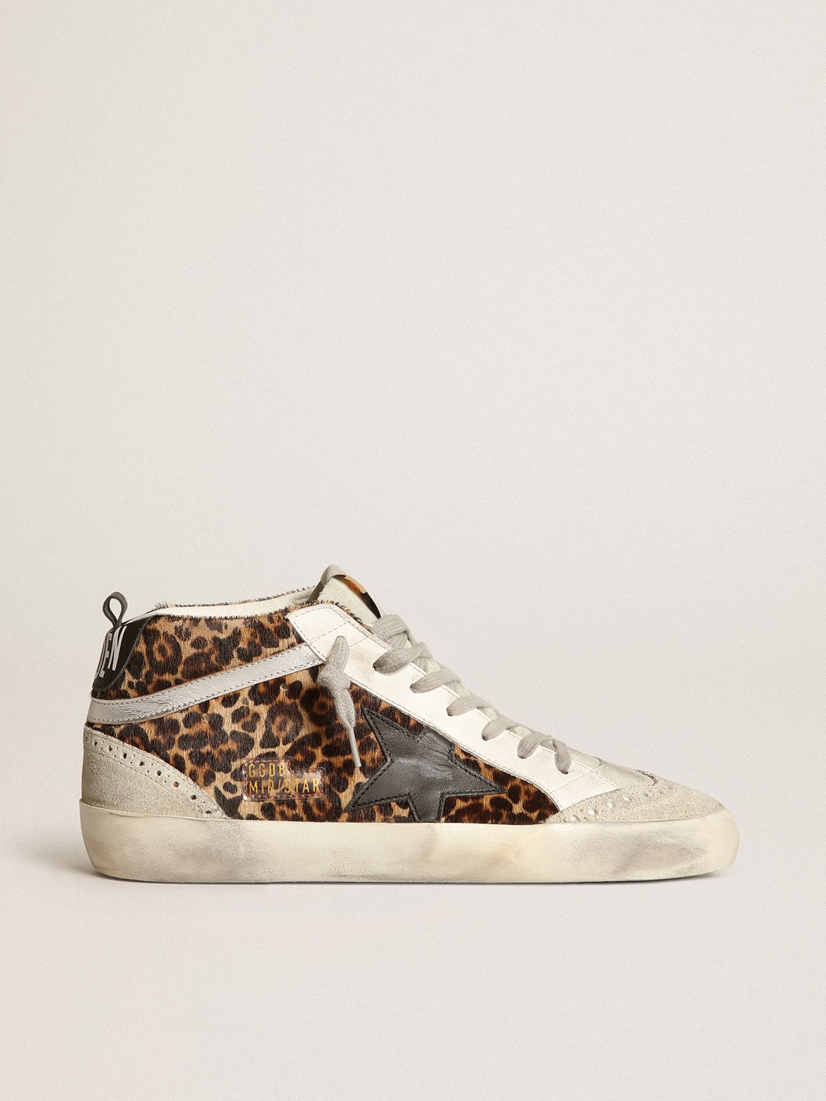 Golden Goose Womens Mid Star In Leopard Print Pony Skin With Black Star Womens