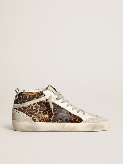 Golden Goose Womens Mid Star In Leopard Print Pony Skin With Black Star Womens