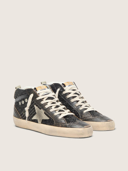 Golden Goose Womens Mid Star In Black Glitter With Dove-Gray Suede Star And Heel Tab Womens
