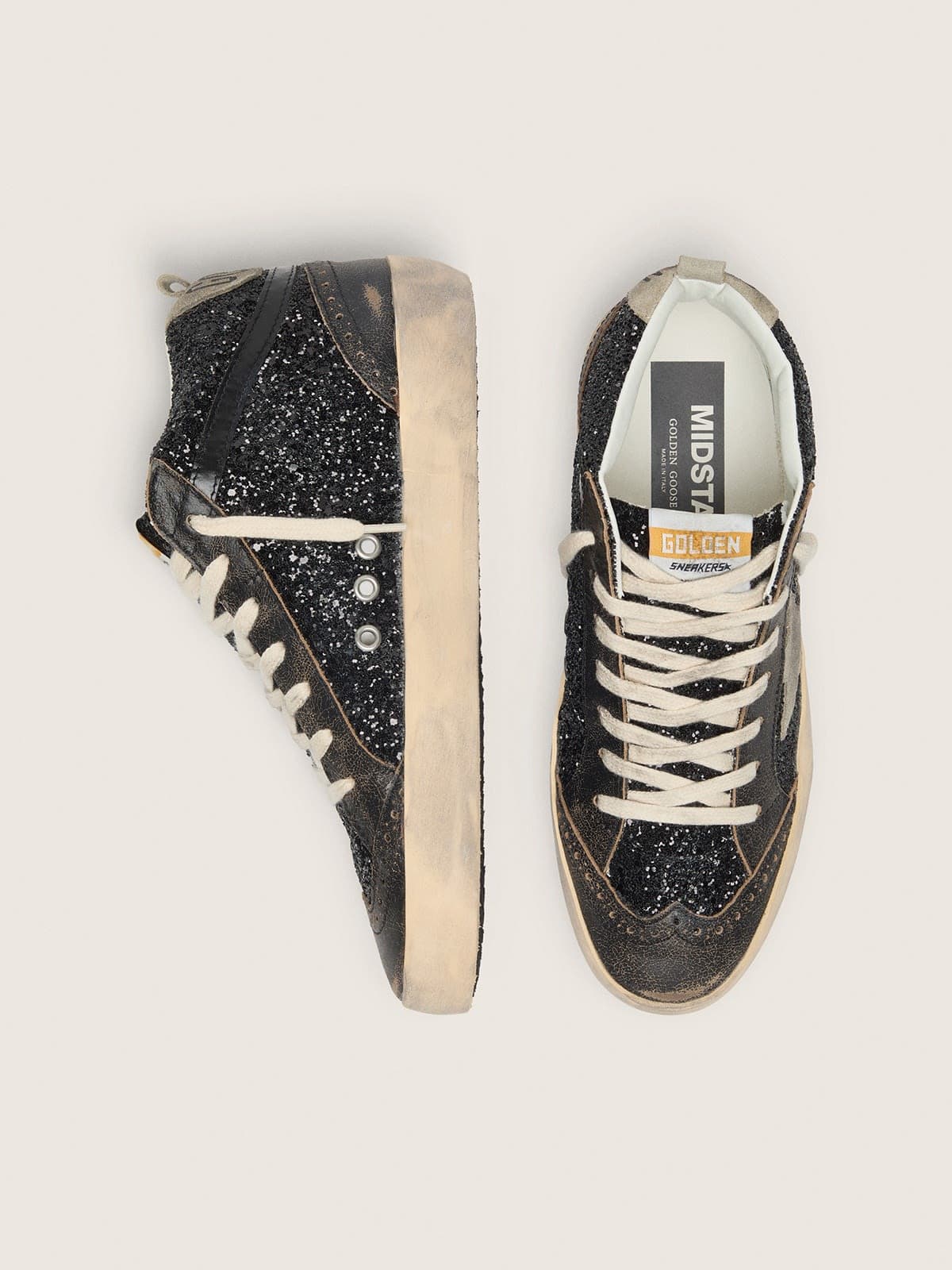 Golden Goose Womens Mid Star In Black Glitter With Dove-Gray Suede Star And Heel Tab Womens