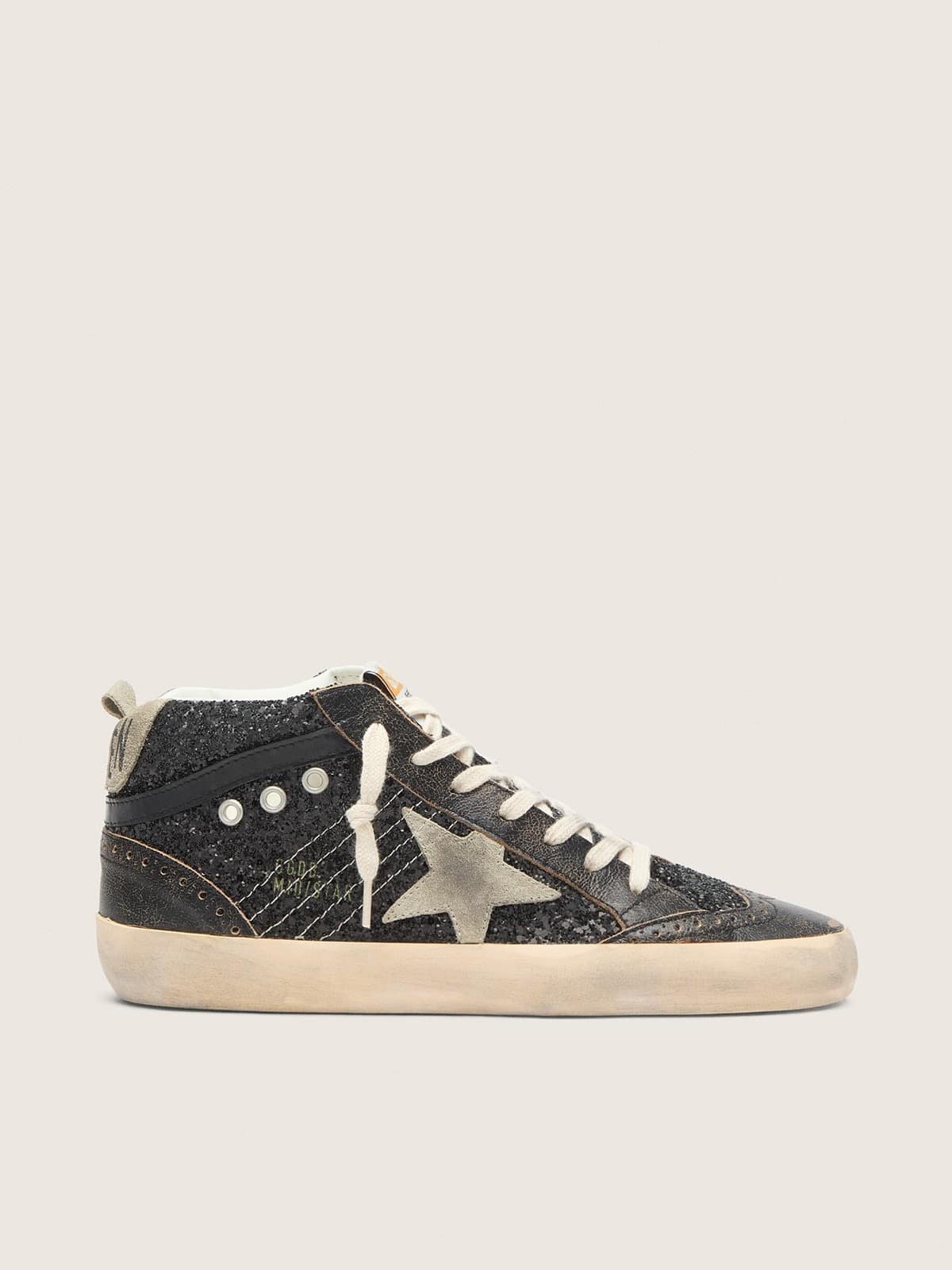 Golden Goose Womens Mid Star In Black Glitter With Dove-Gray Suede Star And Heel Tab Womens